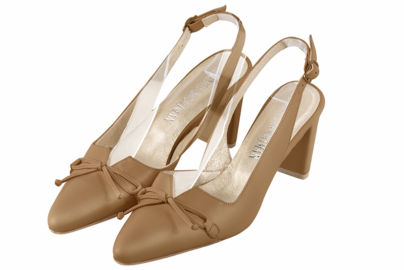 Camel beige women's open back shoes, with a knot. Tapered toe. Medium comma heels. Front view - Florence KOOIJMAN
